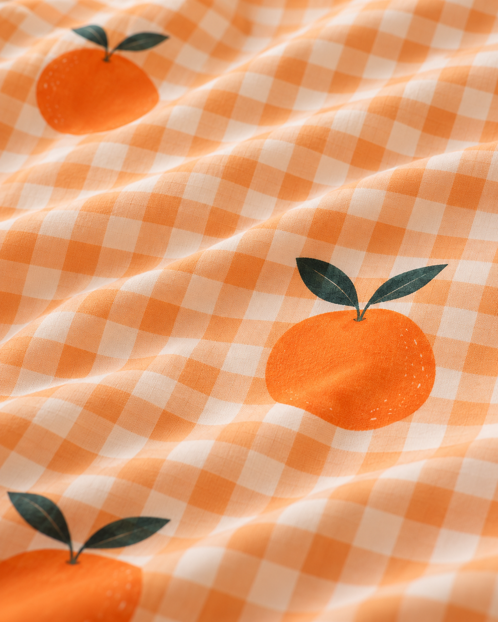 Orange Gingham Cotton Sateen Duvet Cover Set, fabric close-up
