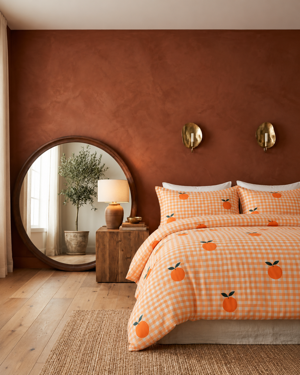 Orange Gingham Cotton Sateen Duvet Cover Set, bedroom view