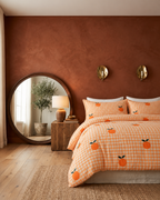Orange Gingham Cotton Sateen Duvet Cover Set, bedroom view