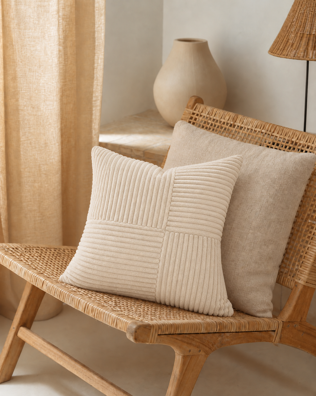 Patchwork Cotton Corduroy Pillow Cover in Ivory, on a rattan armchair