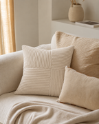 Patchwork Cotton Corduroy Pillow Cover in Ivory, on a linen sofa