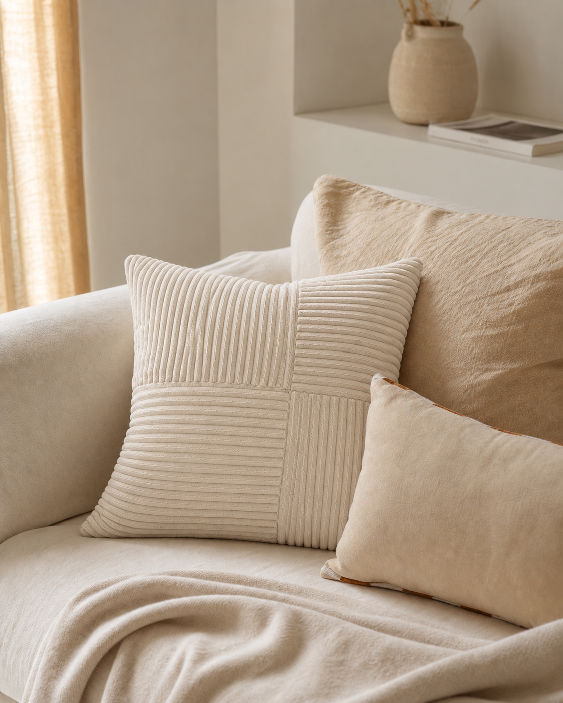 Patchwork Cotton Corduroy Pillow Cover in Ivory, on a linen sofa
