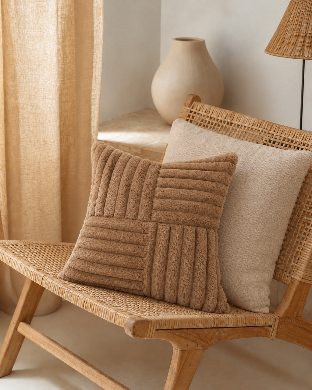 Patchwork Faux Fur Pillow Cover in Camel, on a rattan armchair