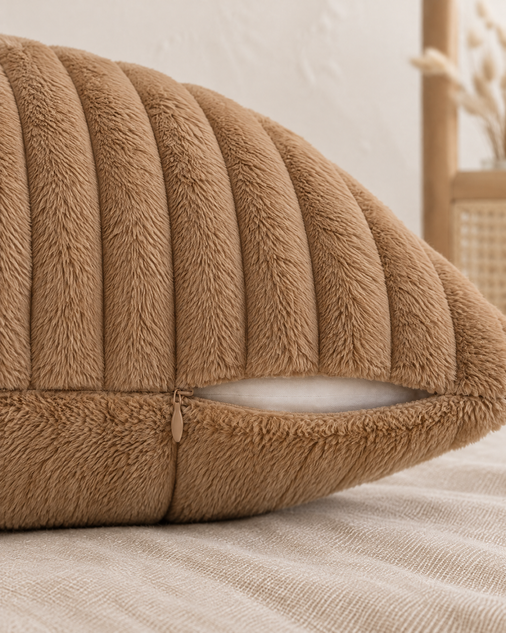 Patchwork Faux Fur Pillow Cover in Camel, zipper and edge detail