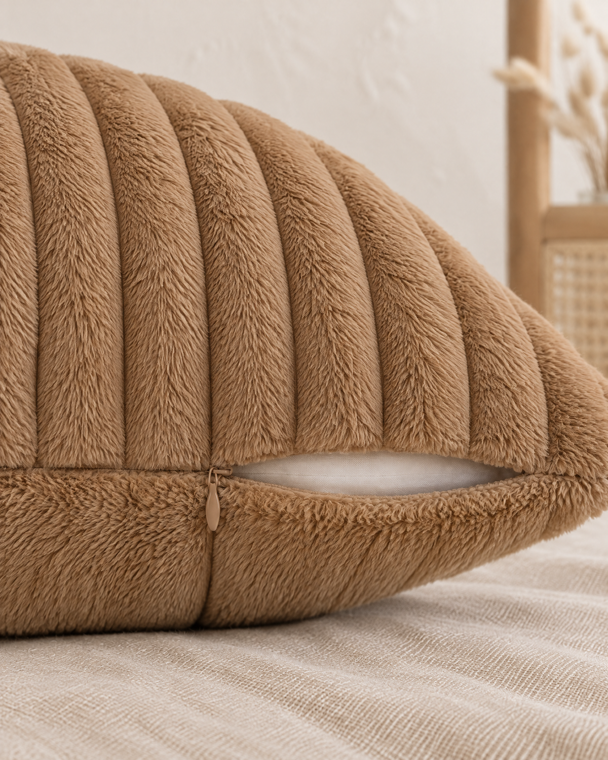 Patchwork Faux Fur Pillow Cover in Camel, zipper and edge detail
