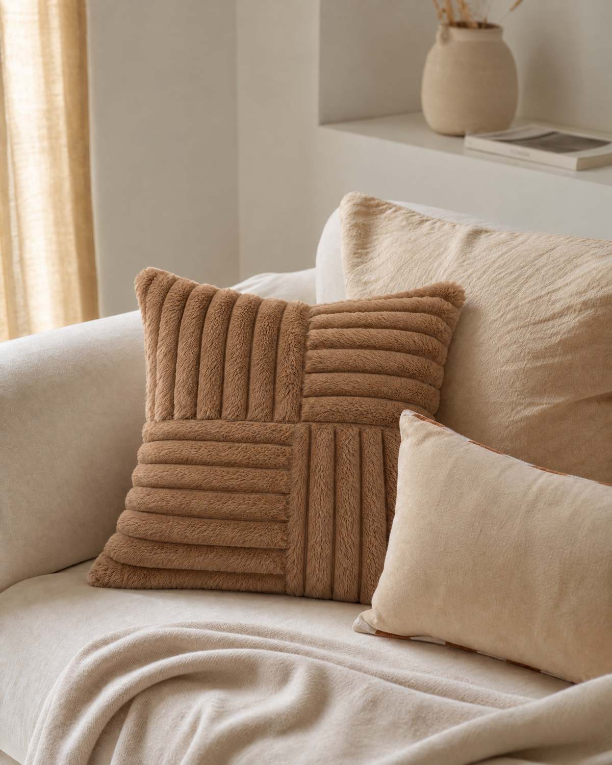 Patchwork Faux Fur Pillow Cover in Camel, on a linen sofa