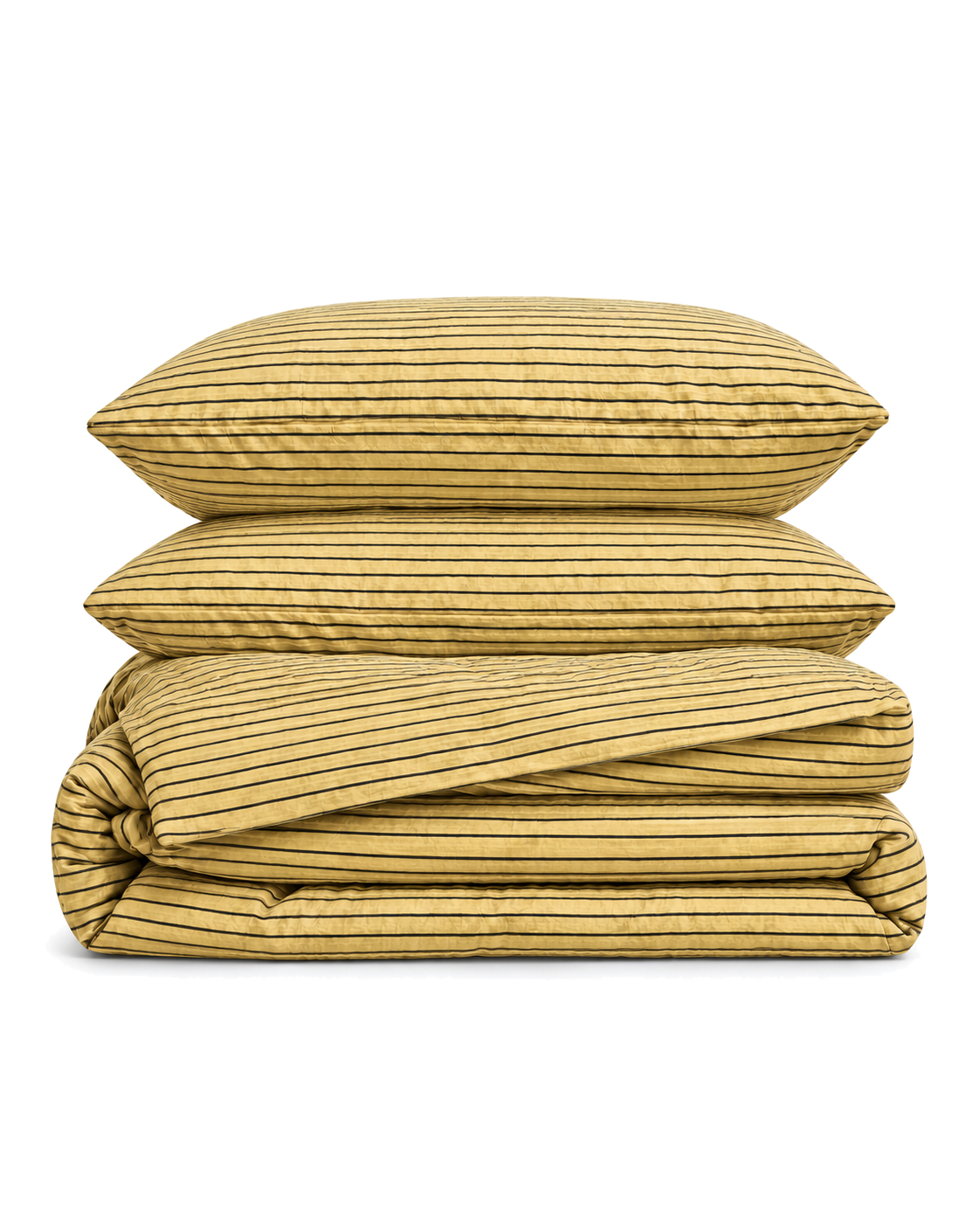 Pinstripe Cotton Seersucker Duvet Cover Set in Butter, folded with its shams