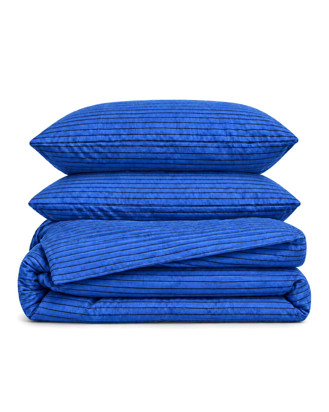Pinstripe Cotton Seersucker Duvet Cover Set in Cobalt, folded with its shams