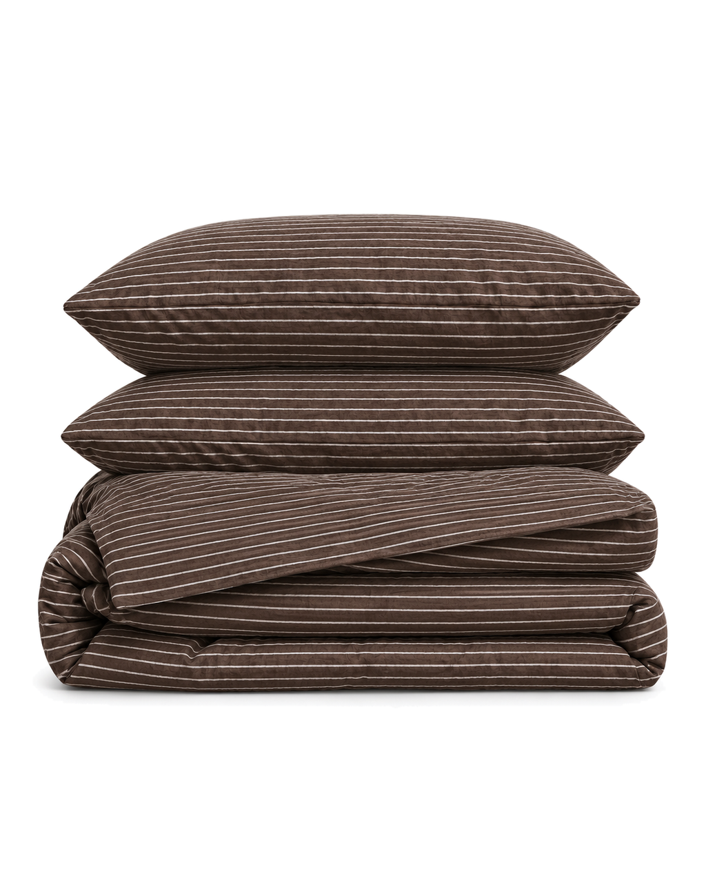 Pinstripe Cotton Seersucker Duvet Cover Set in Cocoa, folded with its shams