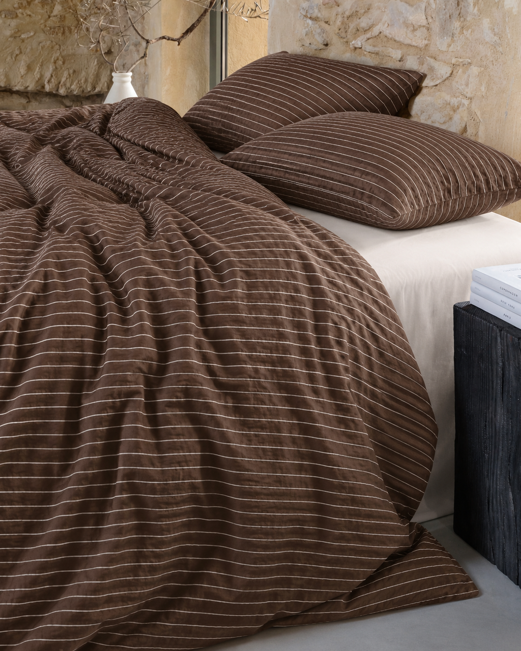 Pinstripe Cotton Seersucker Duvet Cover Set in Cocoa, made bed seen from above