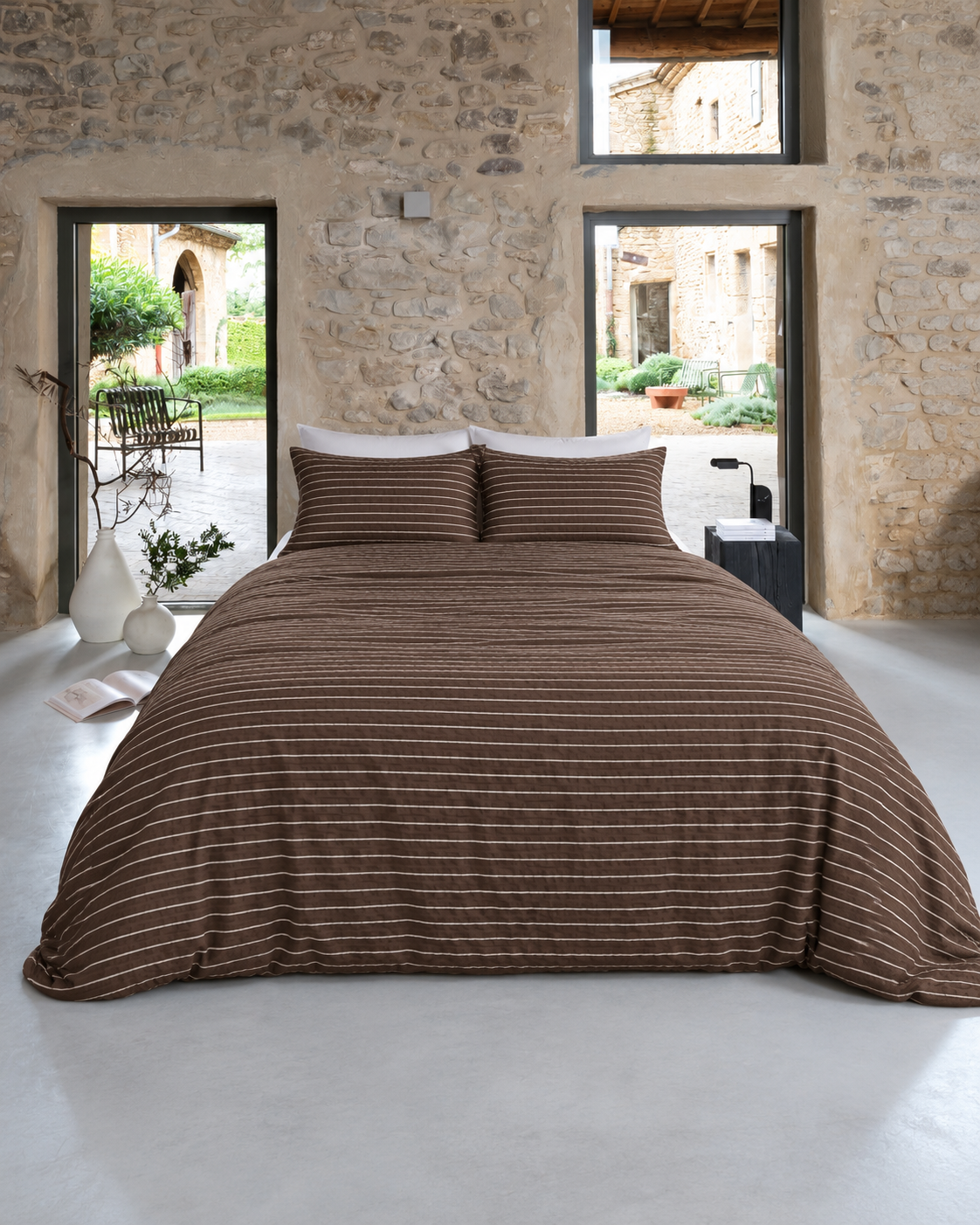 Pinstripe Cotton Seersucker Duvet Cover Set in Cocoa, bedroom view