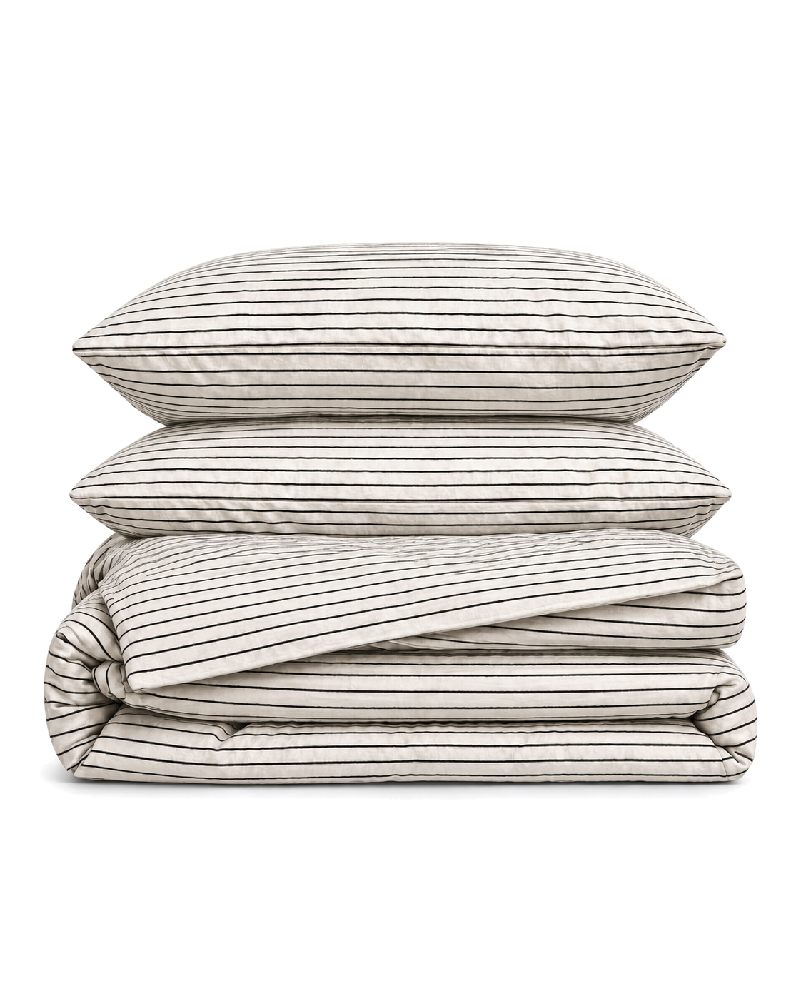 Pinstripe Cotton Seersucker Duvet Cover Set in Cream, folded with its shams