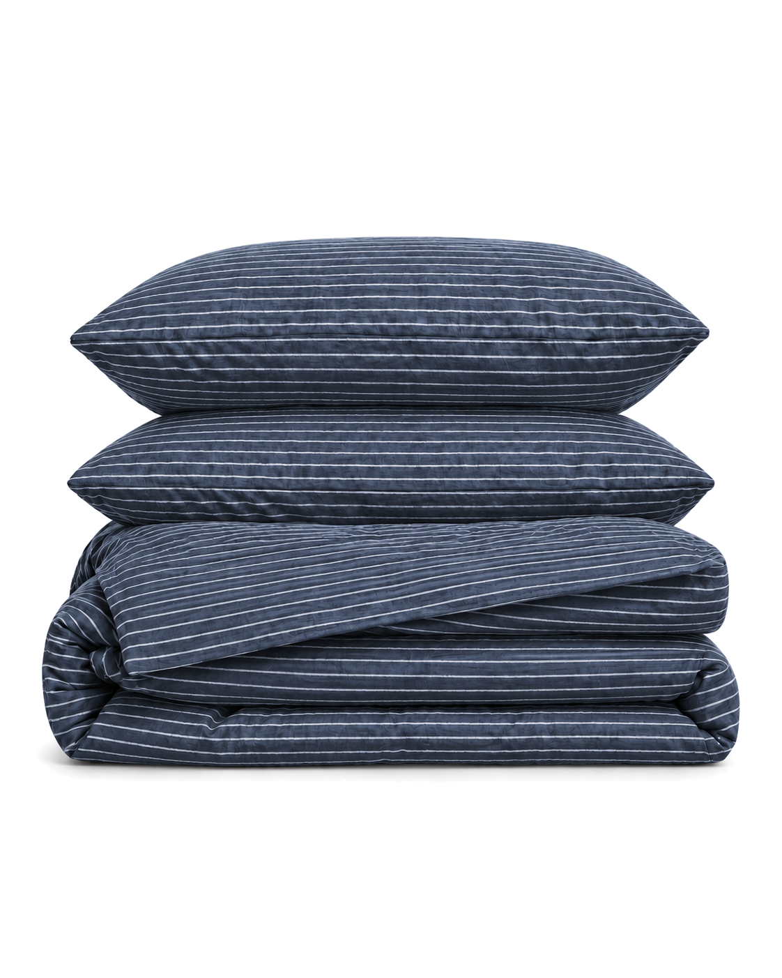Pinstripe Cotton Seersucker Duvet Cover Set in Slate, folded with its shams