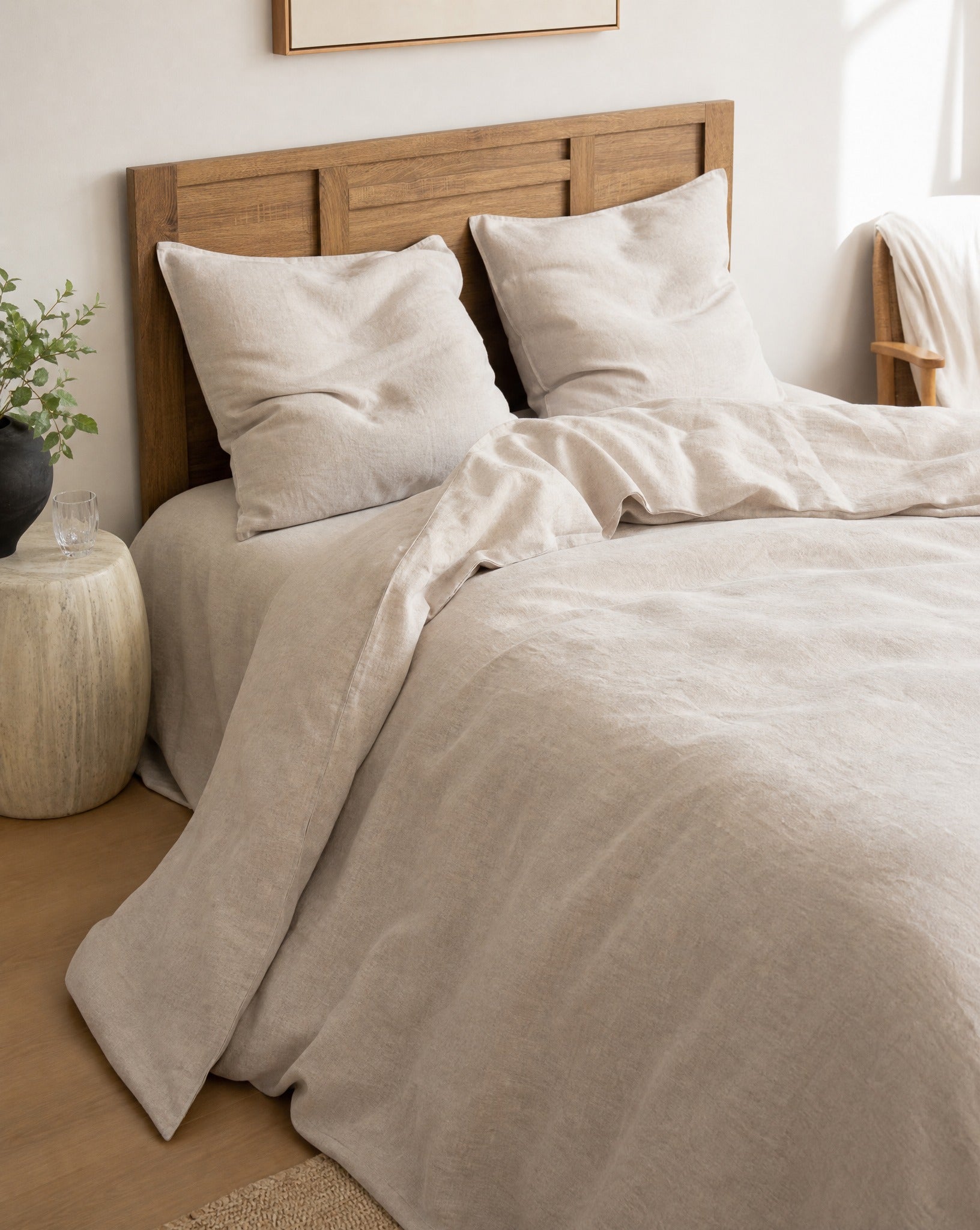 French Flax Linen Duvet Set, on a made bed in morning light