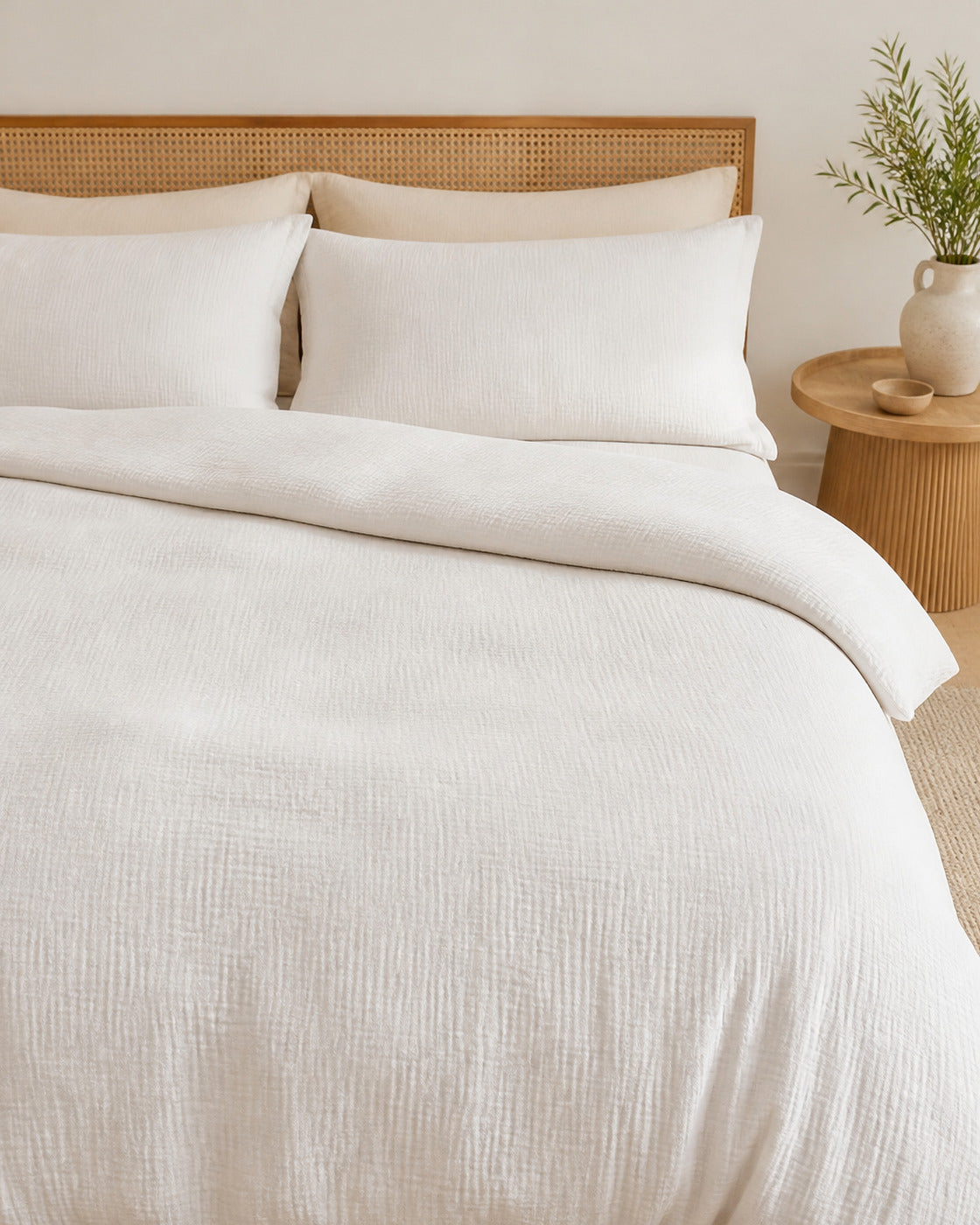 Cotton Muslin Duvet Cover, on a made bed in morning light