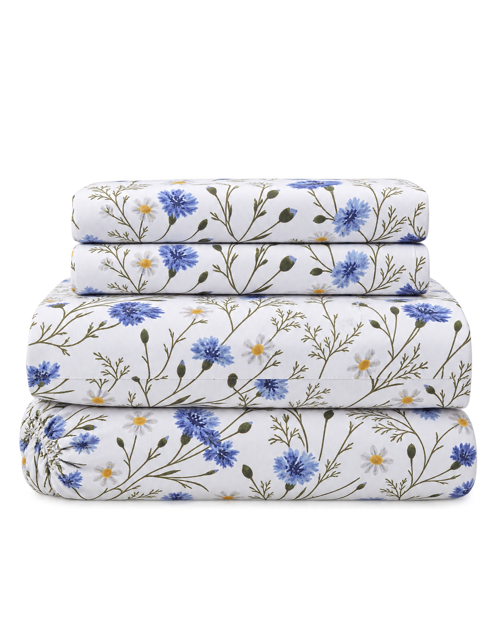 Floral Percale Sheet Set, the four pieces of the set folded on a plain background