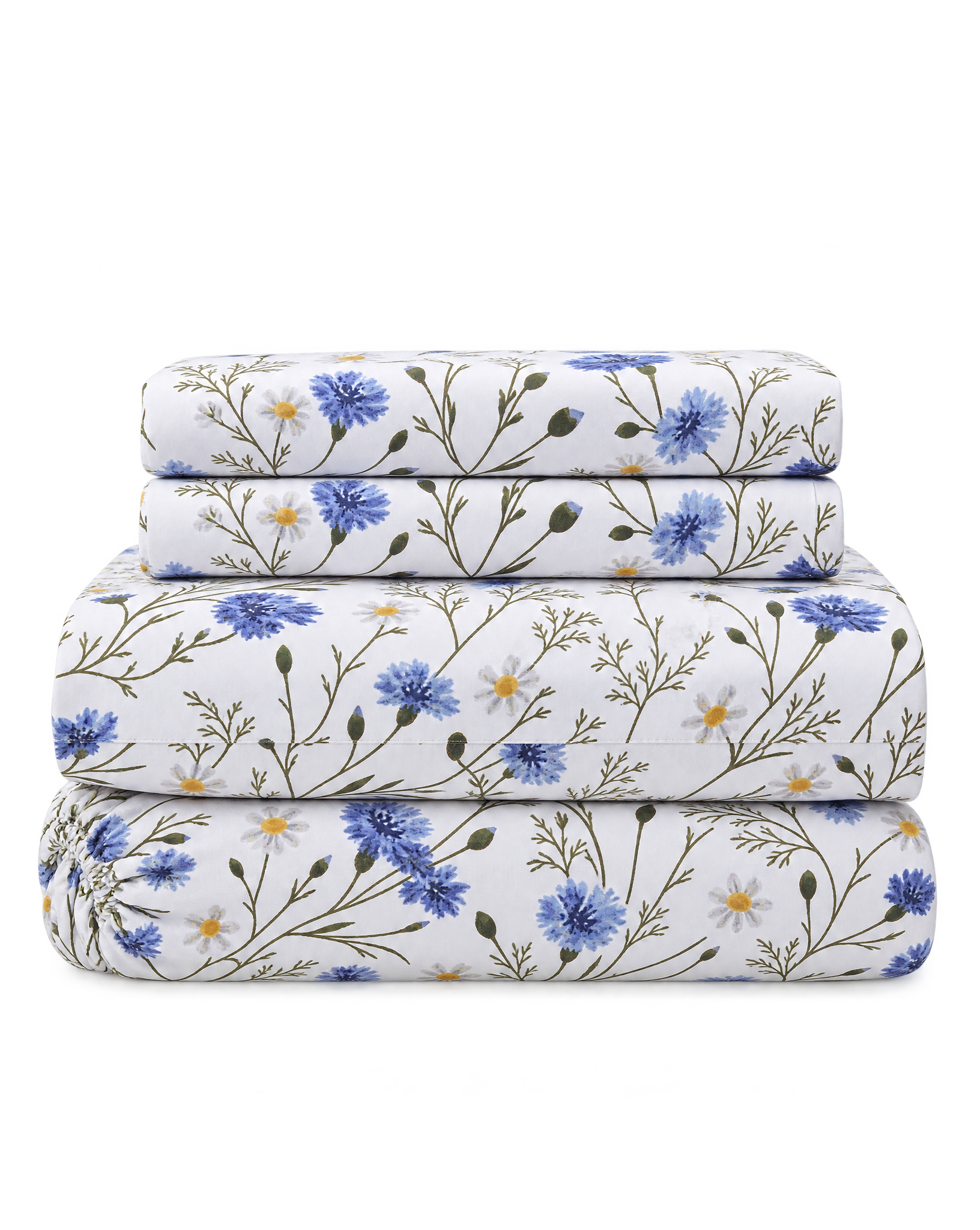 Floral Percale Sheet Set, the four pieces of the set folded on a plain background