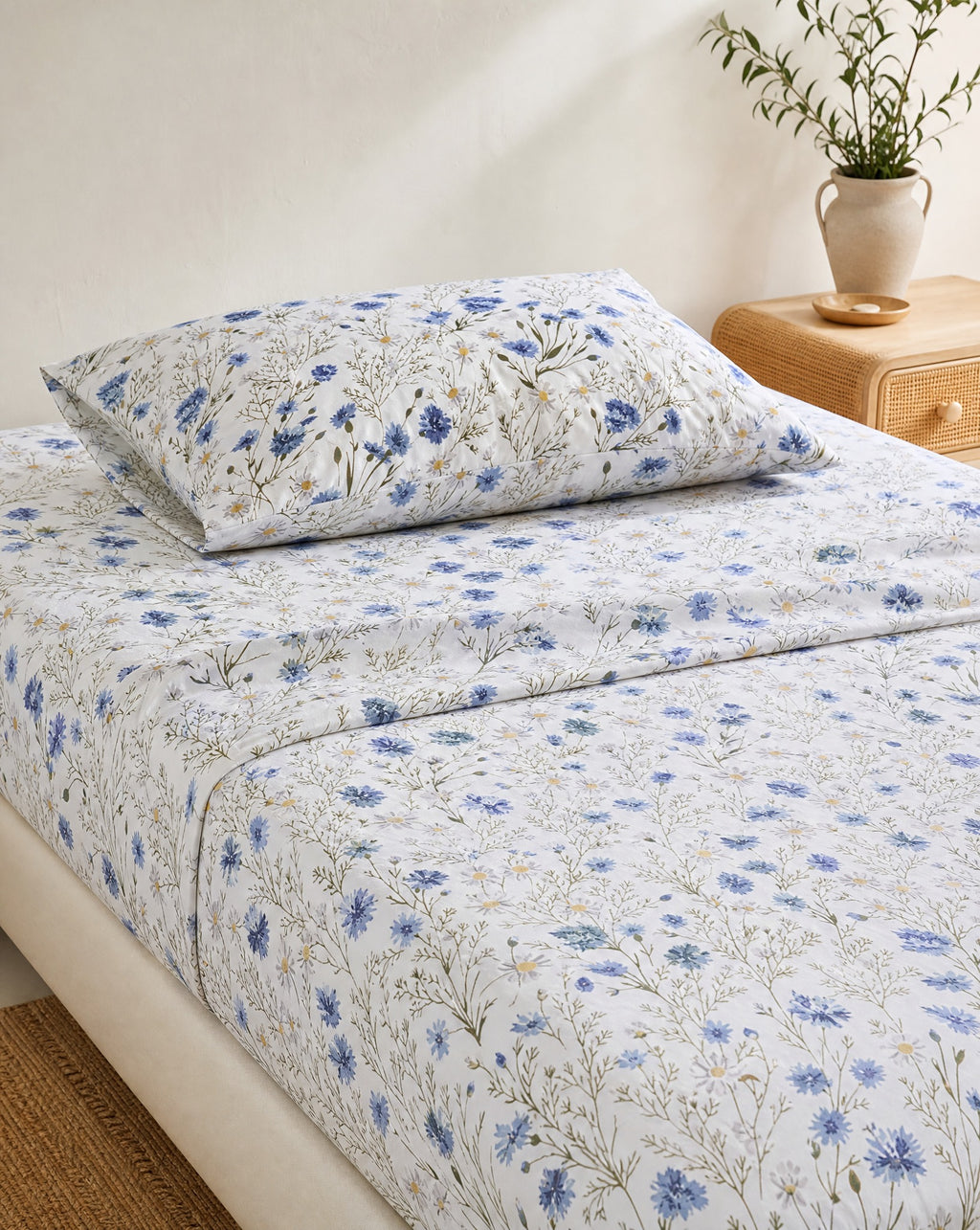 Floral Percale Sheet Set, on a made bed in morning light