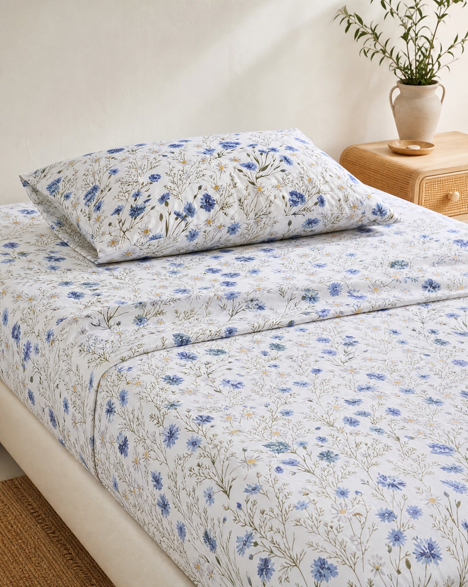 Floral Percale Sheet Set, on a made bed in morning light