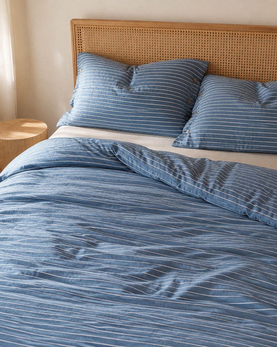 Washed Cotton Stripe Duvet Cover Set, on a made bed in morning light