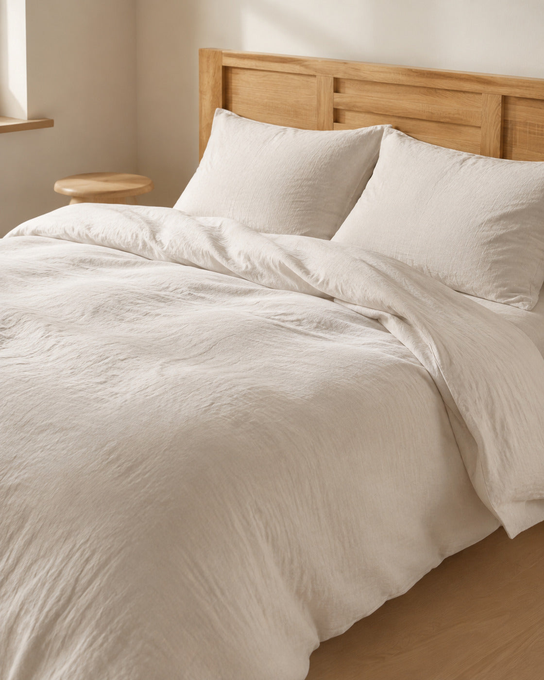 French Flax Linen Duvet Set, on a made bed in morning light