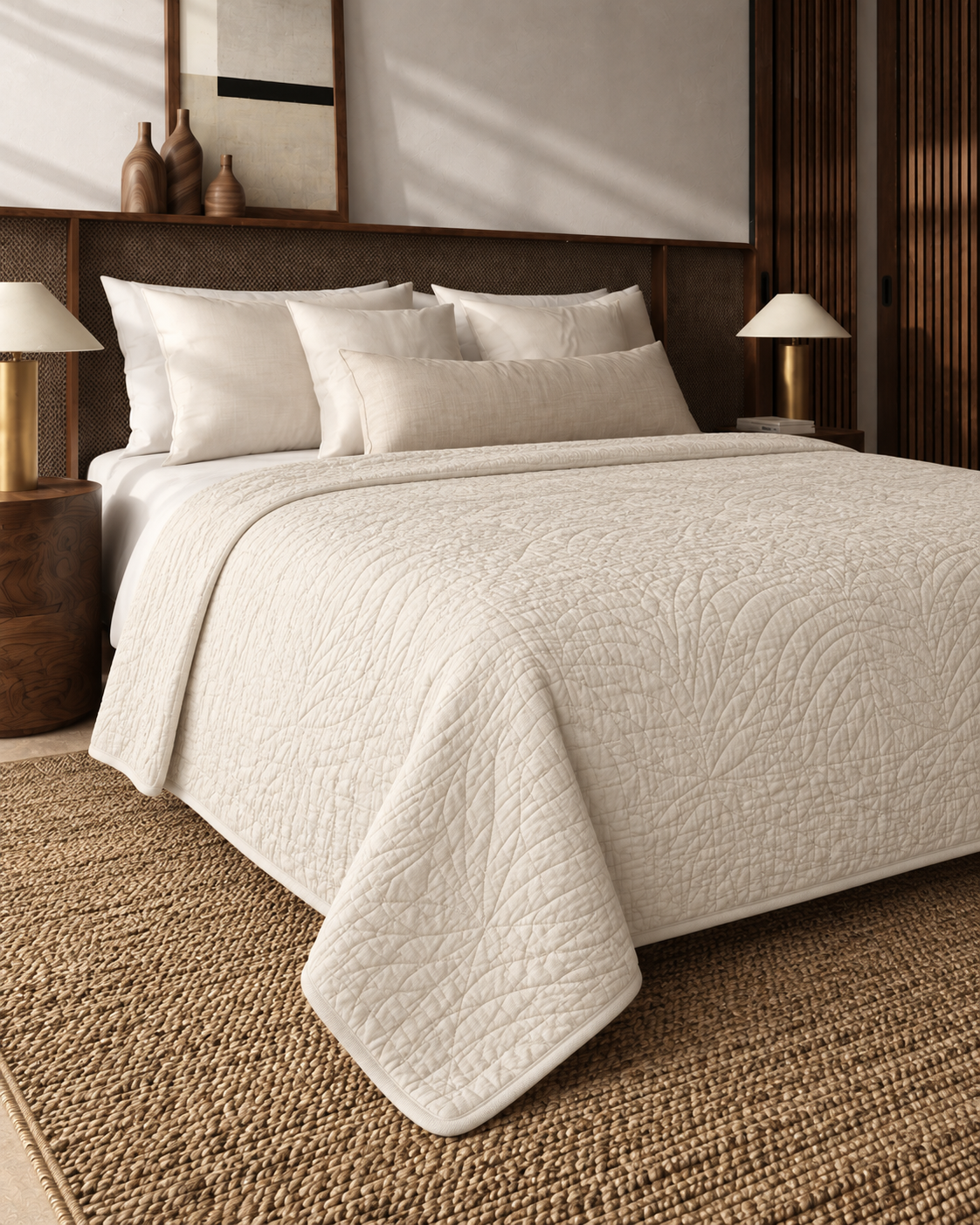 Quilted Cotton Coverlet, on a made bed, falling to the edge of the mattress
