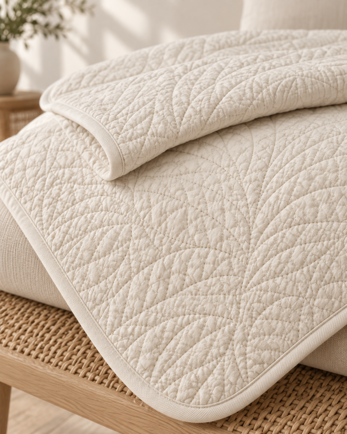 Quilted Cotton Coverlet, close-up on a fold and its leaf quilting