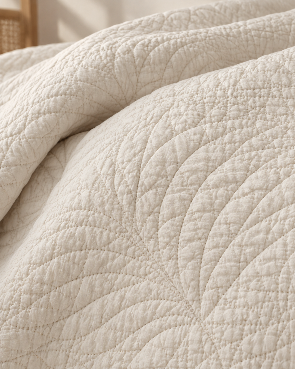 Quilted Cotton Coverlet, macro of the leaf quilting