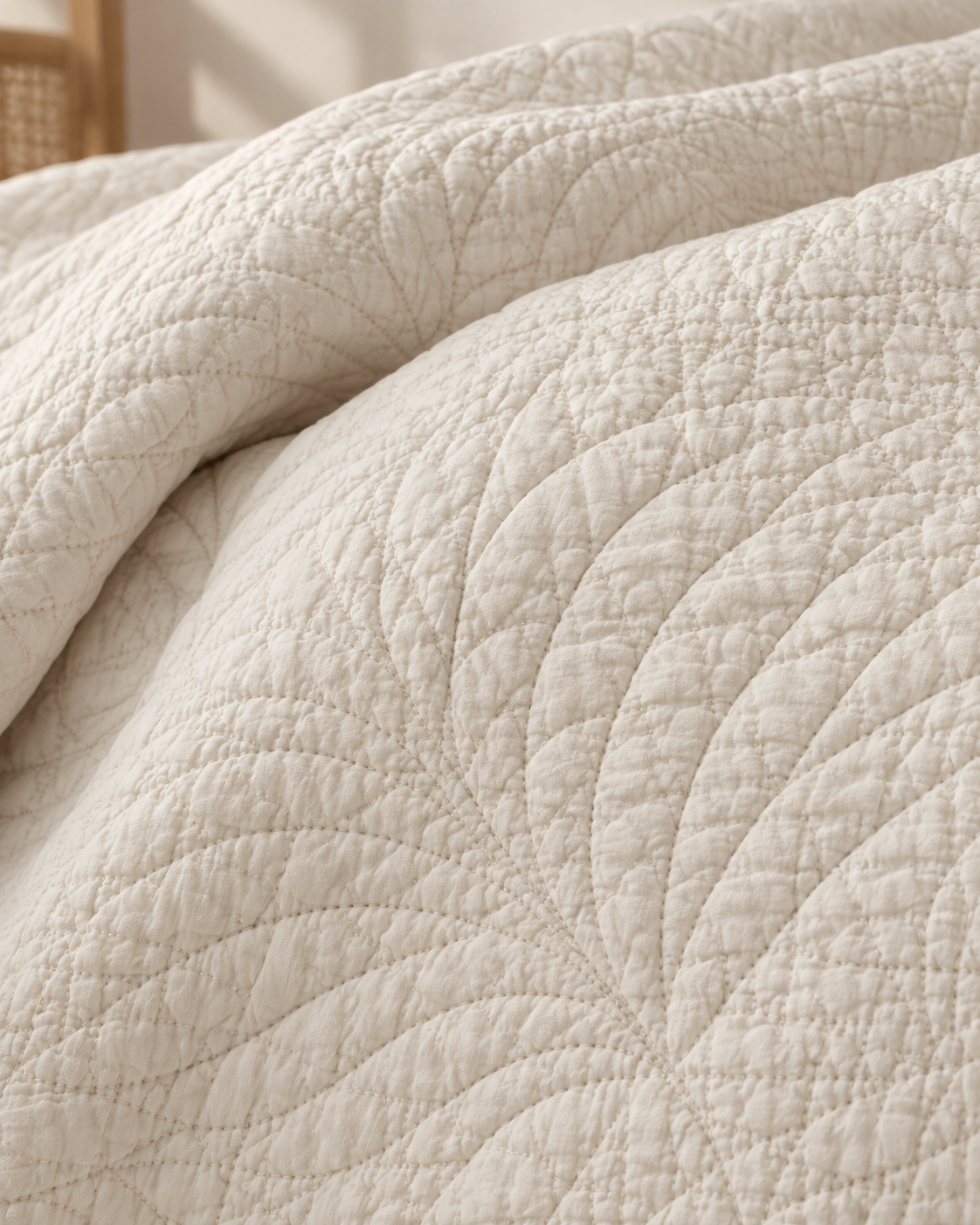 Quilted Cotton Coverlet, macro of the leaf quilting