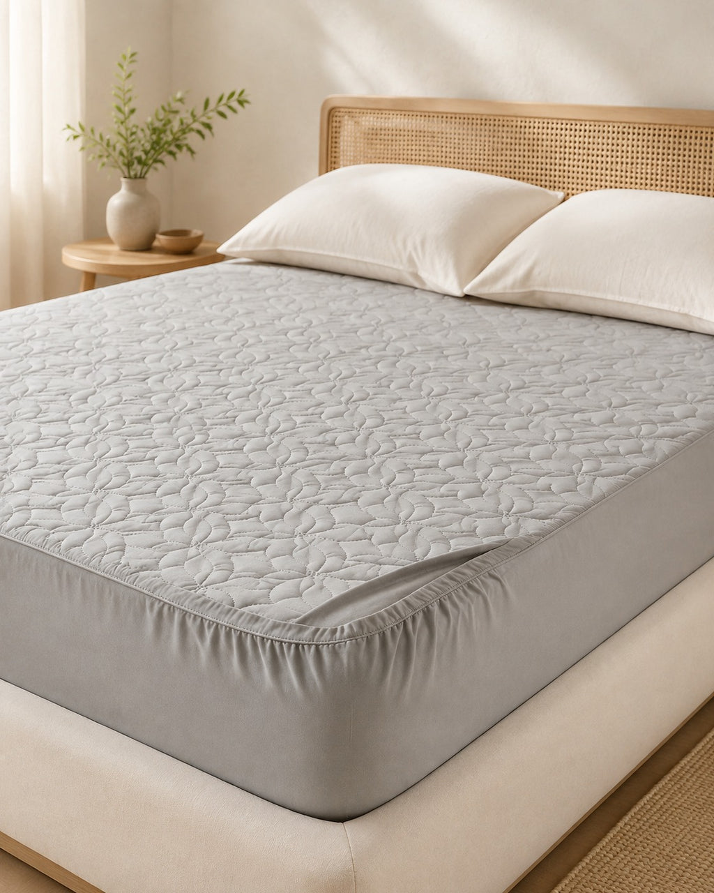 Quilted Mattress Protector — on a made bed, morning light