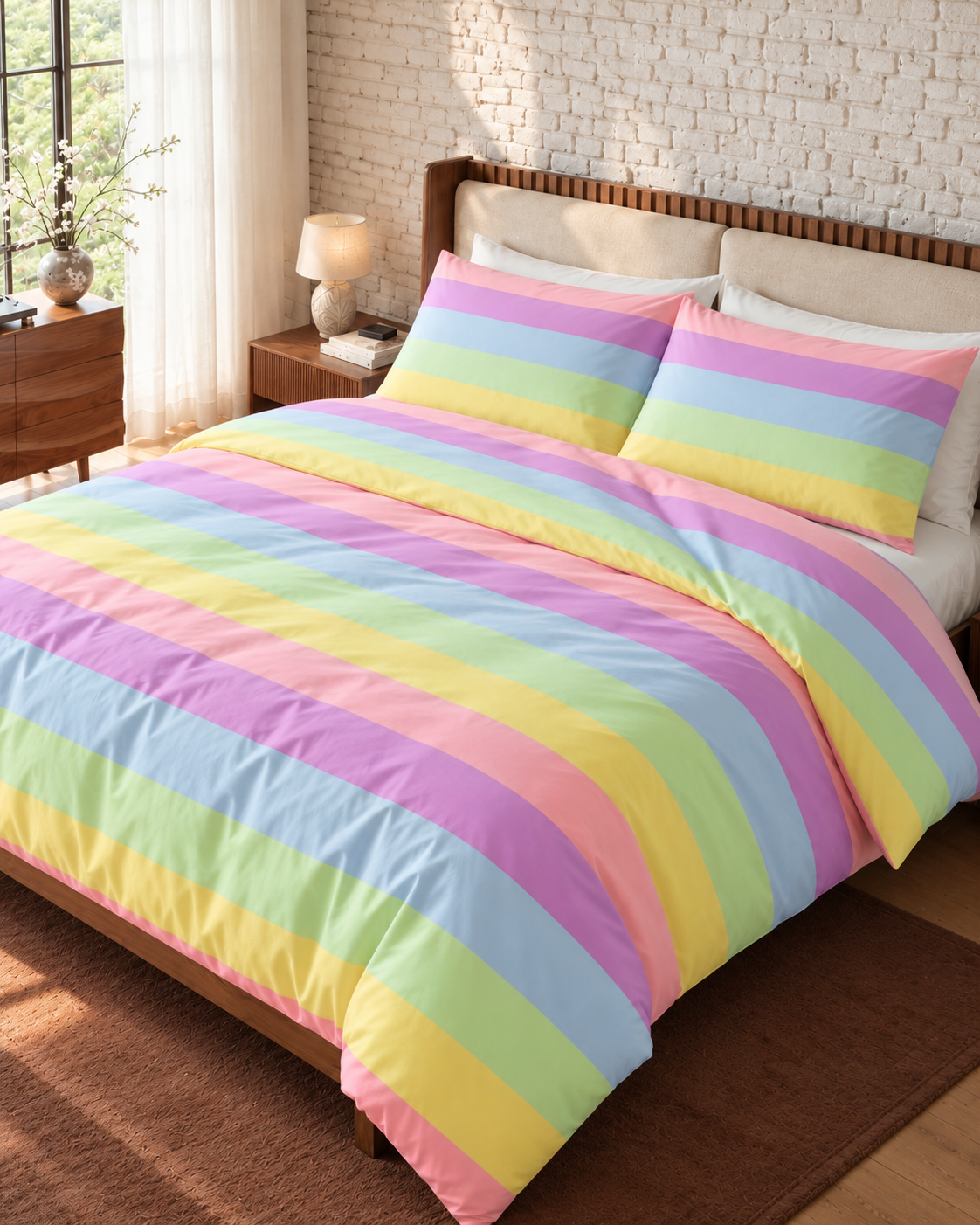 Rainbow Stripe Cotton Sateen Duvet Cover Set, made bed seen from above