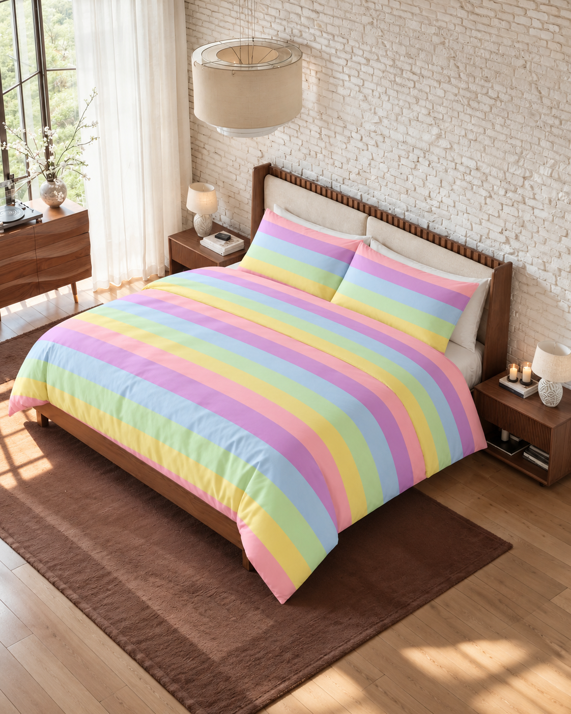 Rainbow Stripe Cotton Sateen Duvet Cover Set, bedroom view