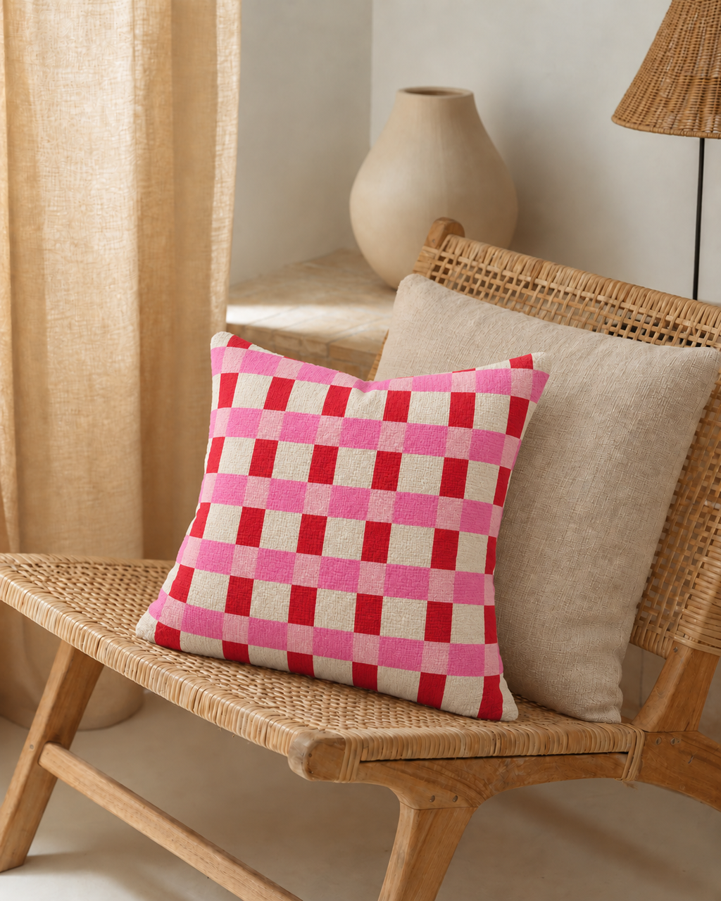 Red Gingham Cotton-Linen Pillow Cover, on a rattan armchair
