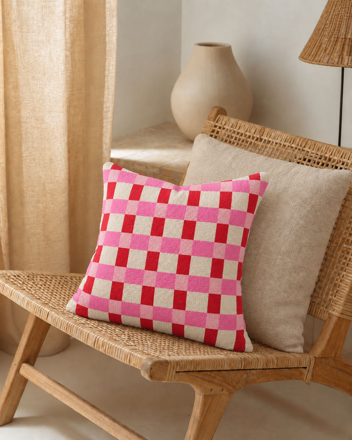 Red Gingham Cotton-Linen Pillow Cover, on a rattan armchair