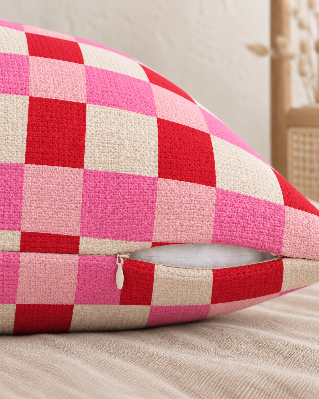 Red Gingham Cotton-Linen Pillow Cover, zipper and edge detail