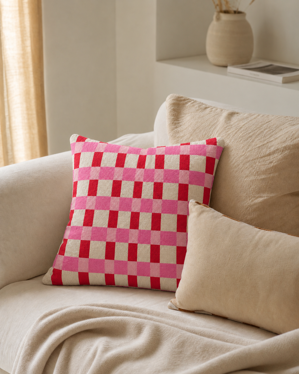Red Gingham Cotton-Linen Pillow Cover, on a linen sofa
