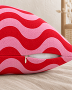 Red Wave Stripe Cotton-Linen Pillow Cover, zipper and edge detail