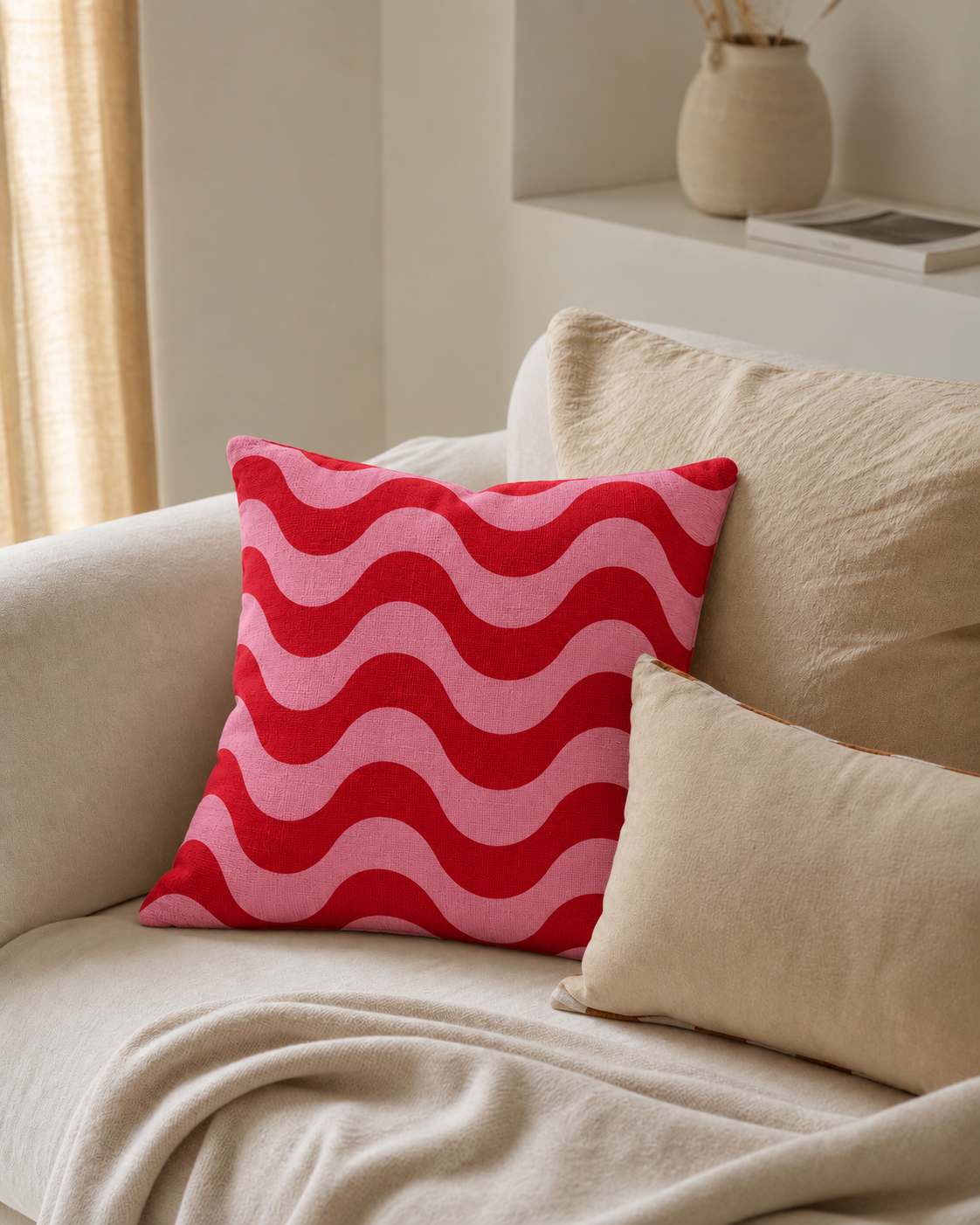 Red Wave Stripe Cotton-Linen Pillow Cover, on a linen sofa