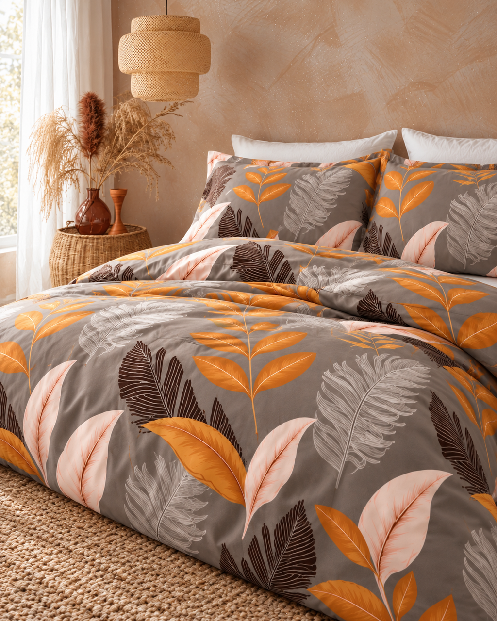 Retro Leaf Cotton Sateen Duvet Cover Set, made bed seen from above