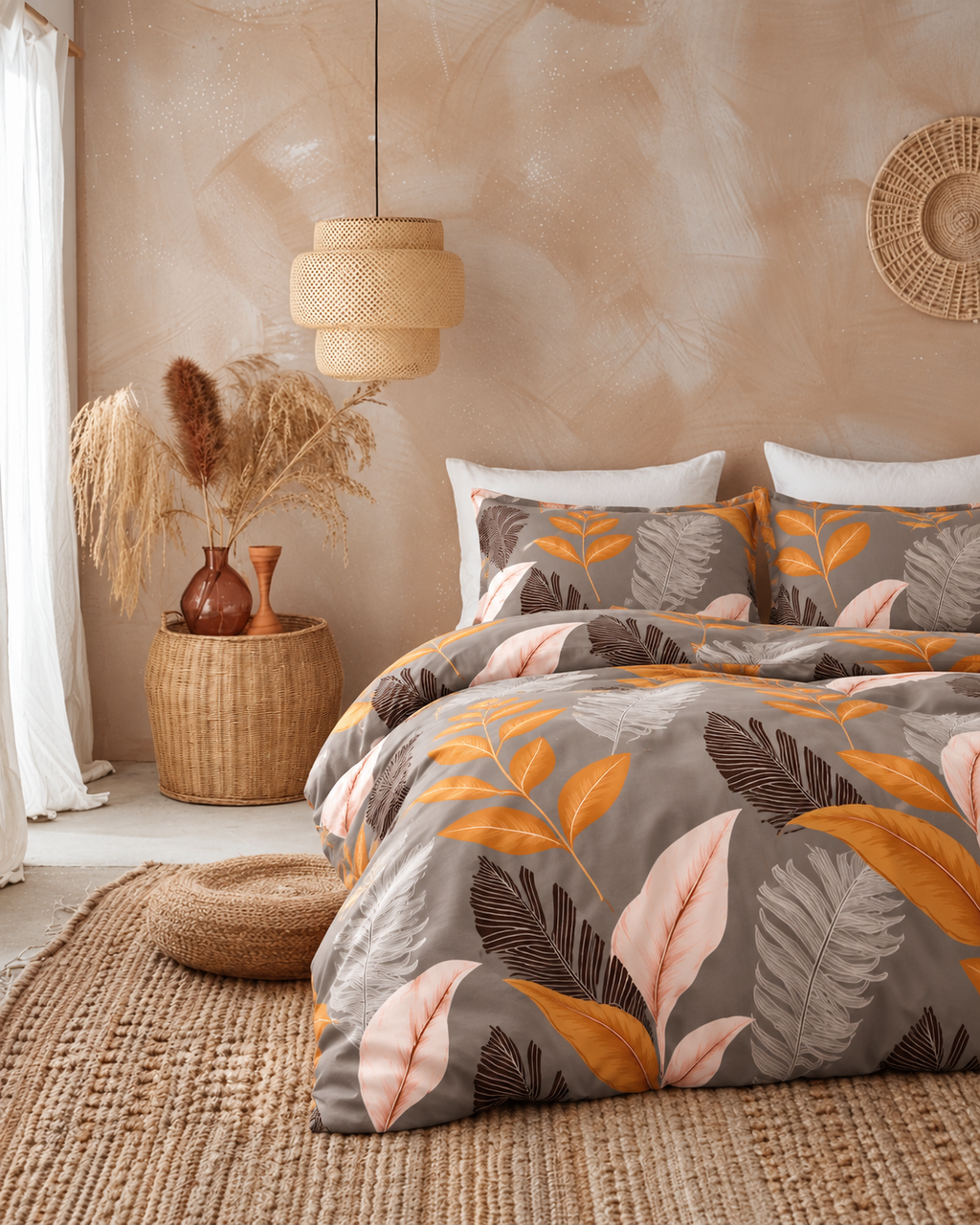 Retro Leaf Cotton Sateen Duvet Cover Set, bedroom view