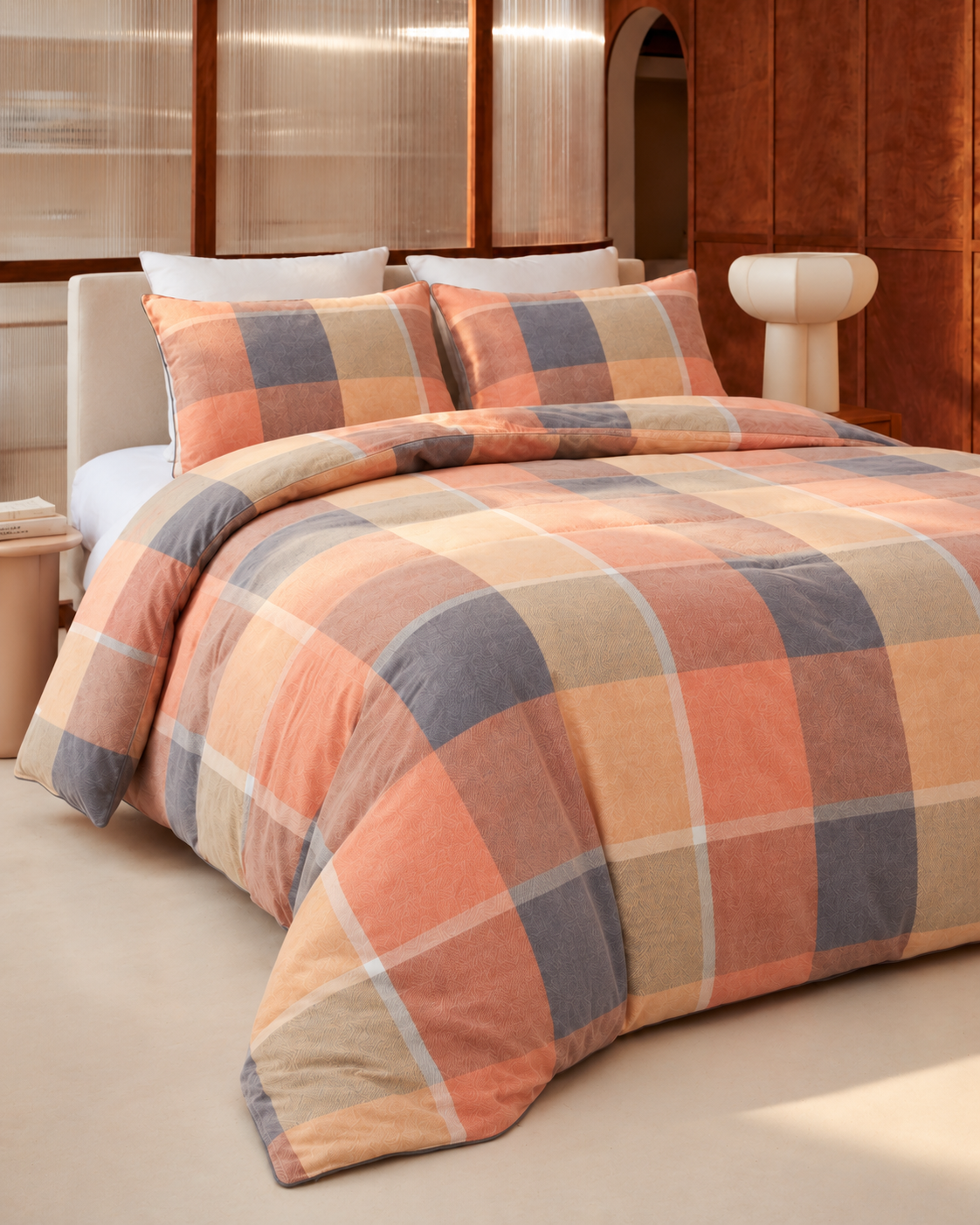 Retro Plaid Cotton Flannel Duvet Cover Set, made bed seen from above