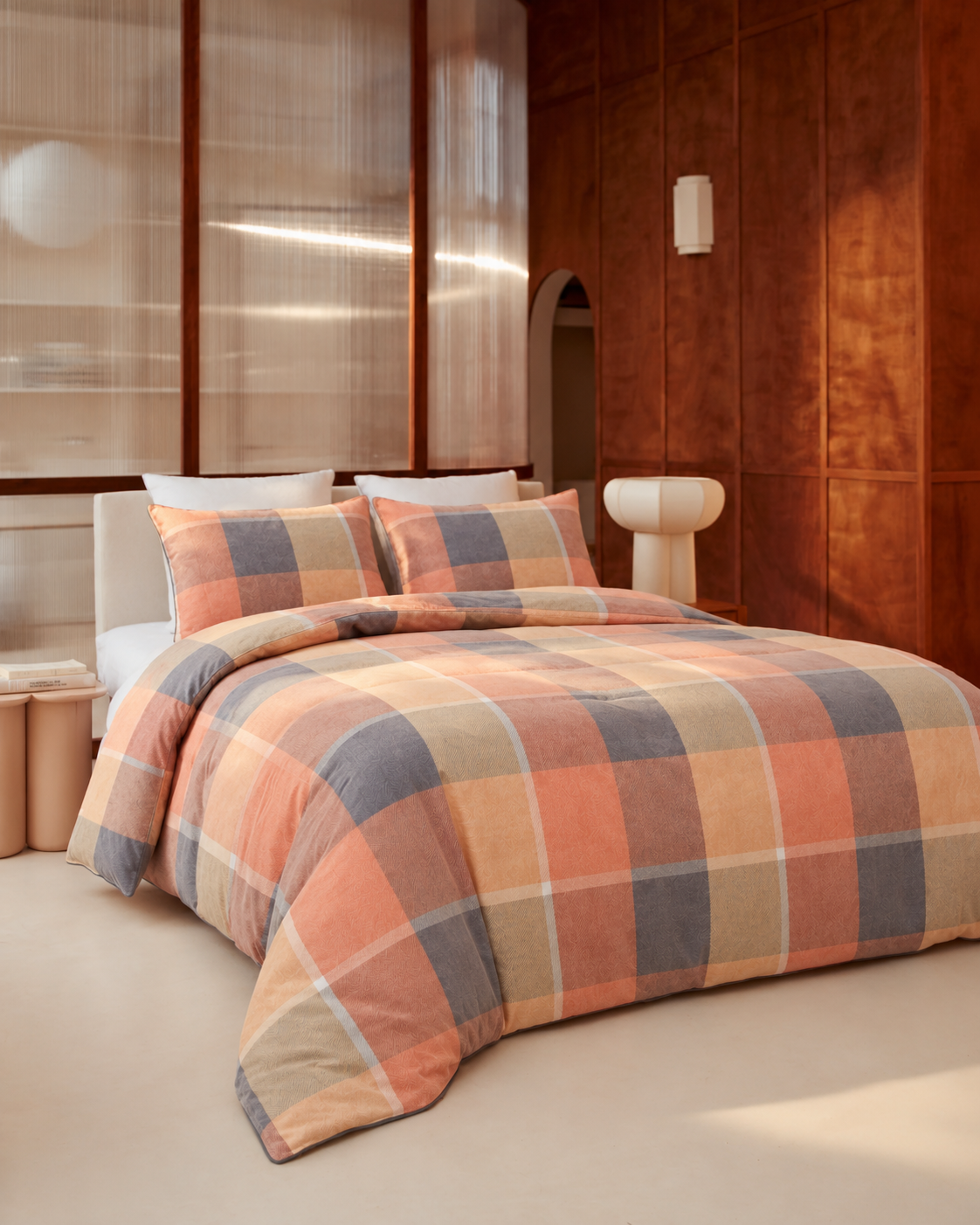 Retro Plaid Cotton Flannel Duvet Cover Set, bedroom view