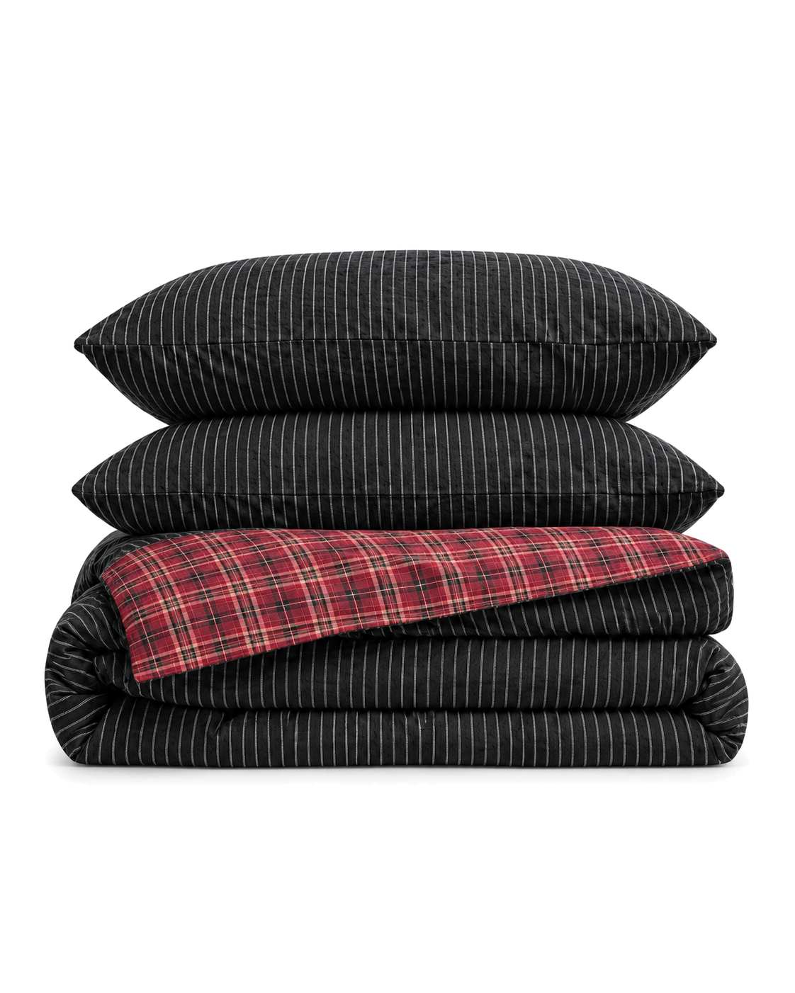 Reversible Pinstripe Tartan Cotton Duvet Cover Set, folded with its shams