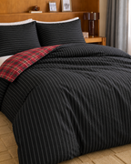Reversible Pinstripe Tartan Cotton Duvet Cover Set, made bed seen from above