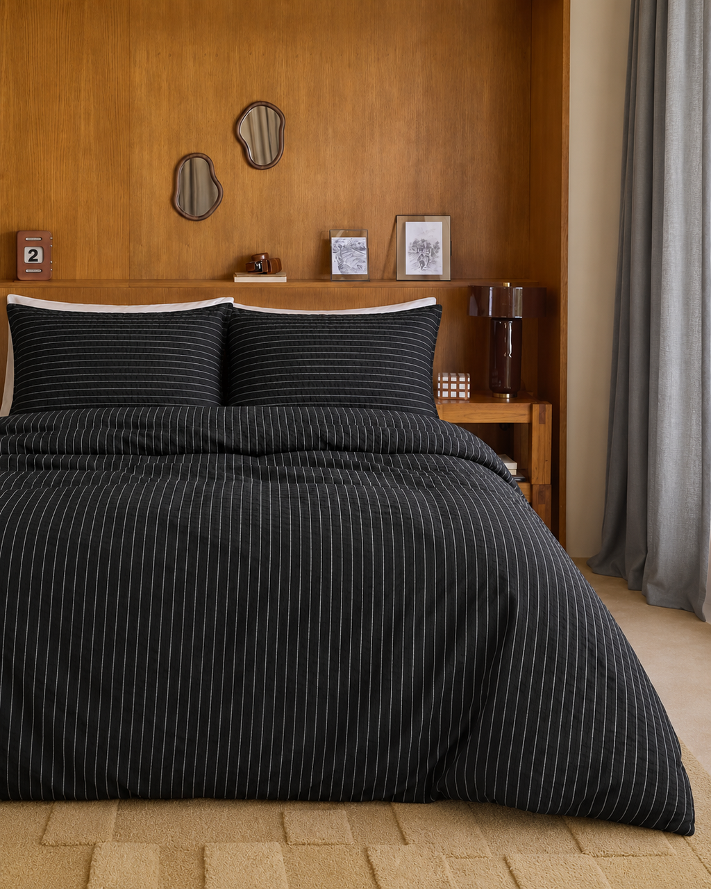 Reversible Pinstripe Tartan Cotton Duvet Cover Set, bedroom view