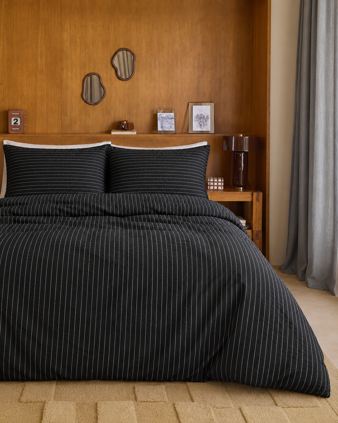 Reversible Pinstripe Tartan Cotton Duvet Cover Set, bedroom view