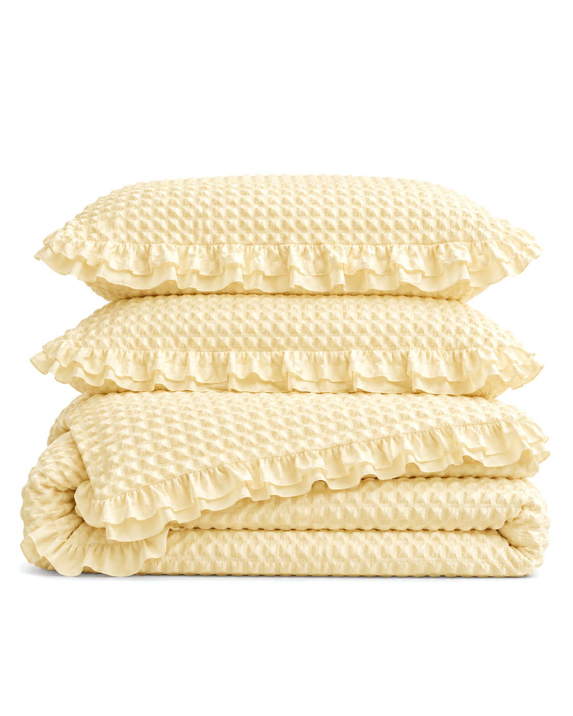 Ruffled Bubble Cotton Seersucker Duvet Cover Set in Butter, folded with its shams