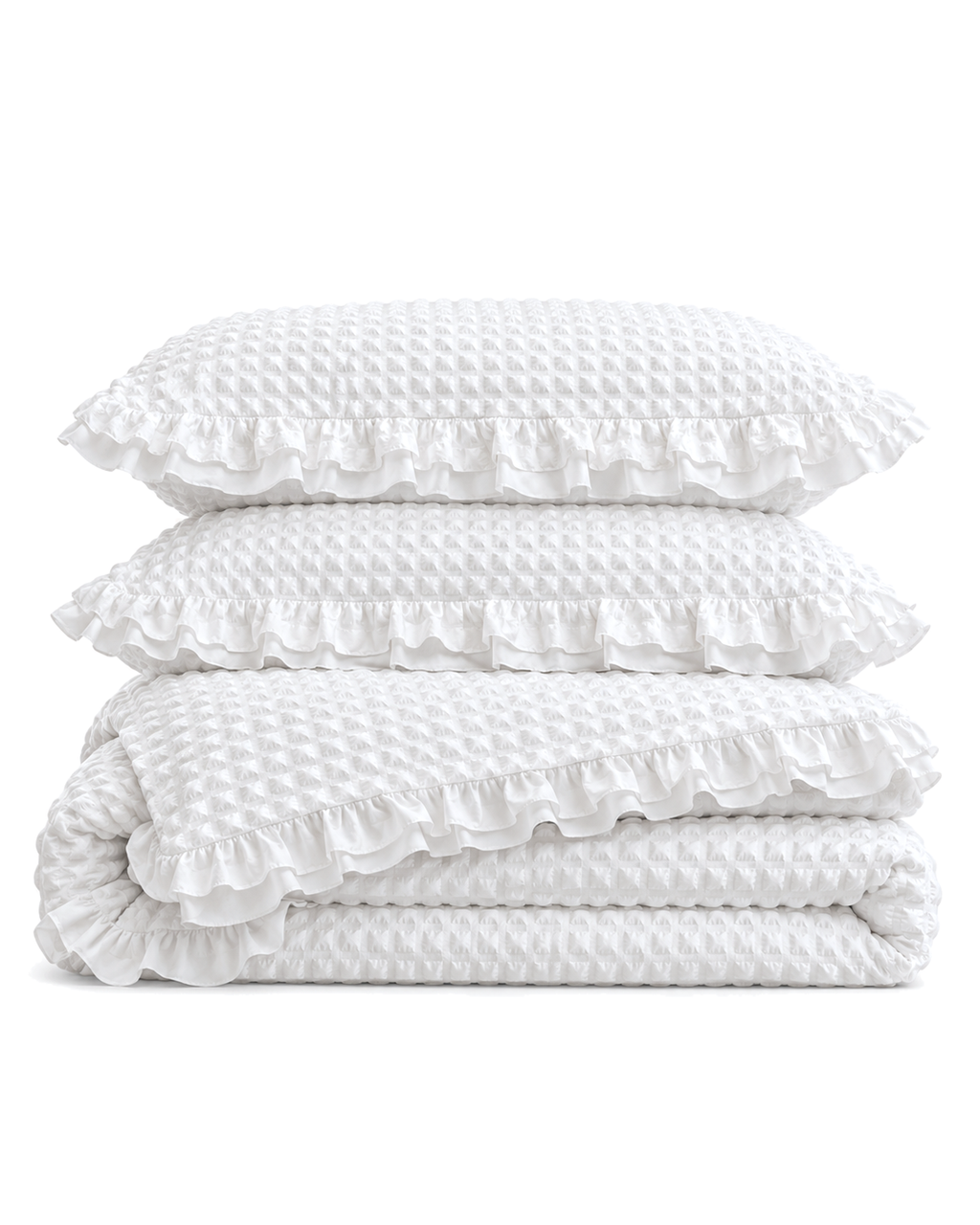 Ruffled Bubble Cotton Seersucker Duvet Cover Set in White, folded with its shams