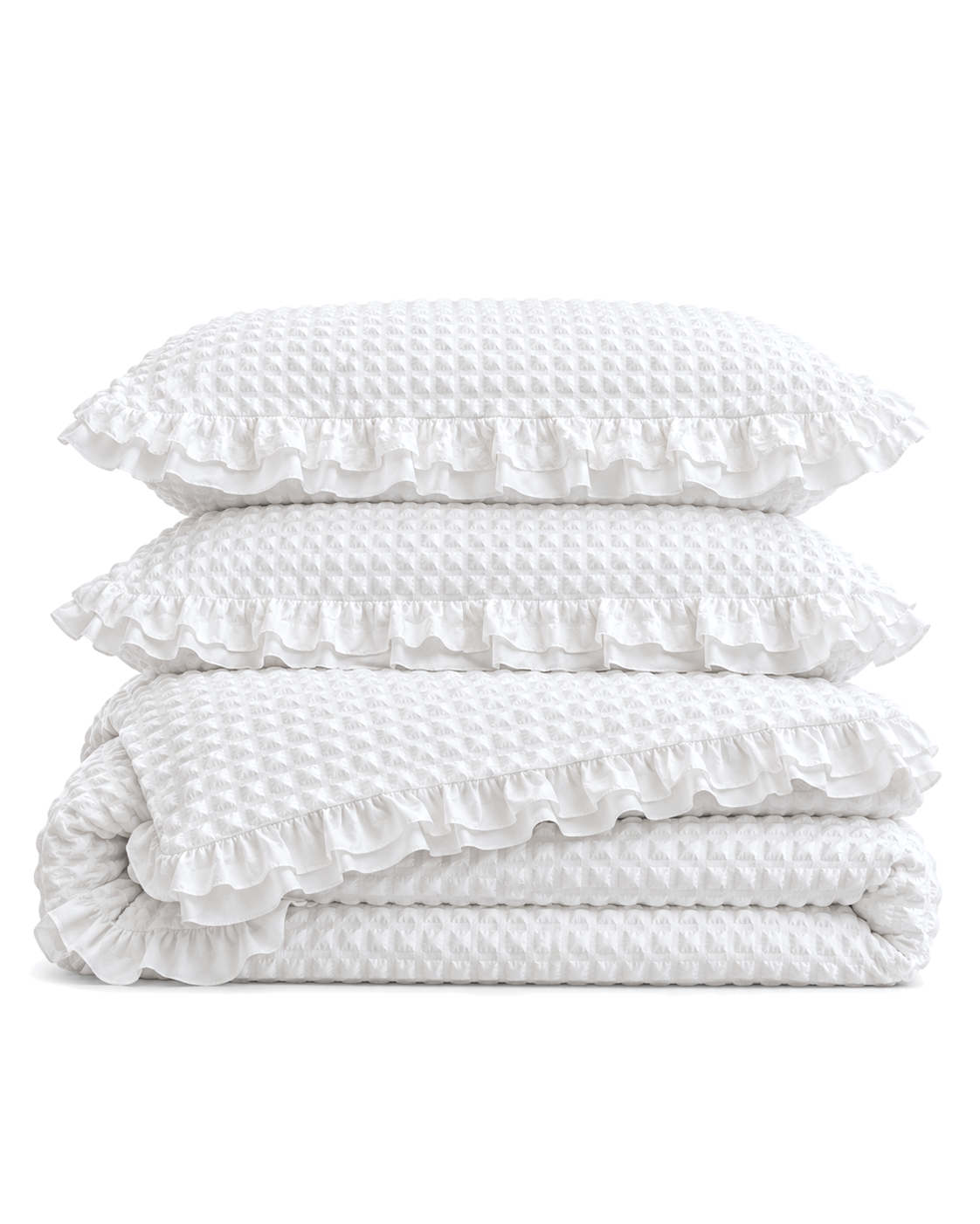 Ruffled Bubble Cotton Seersucker Duvet Cover Set in White, folded with its shams