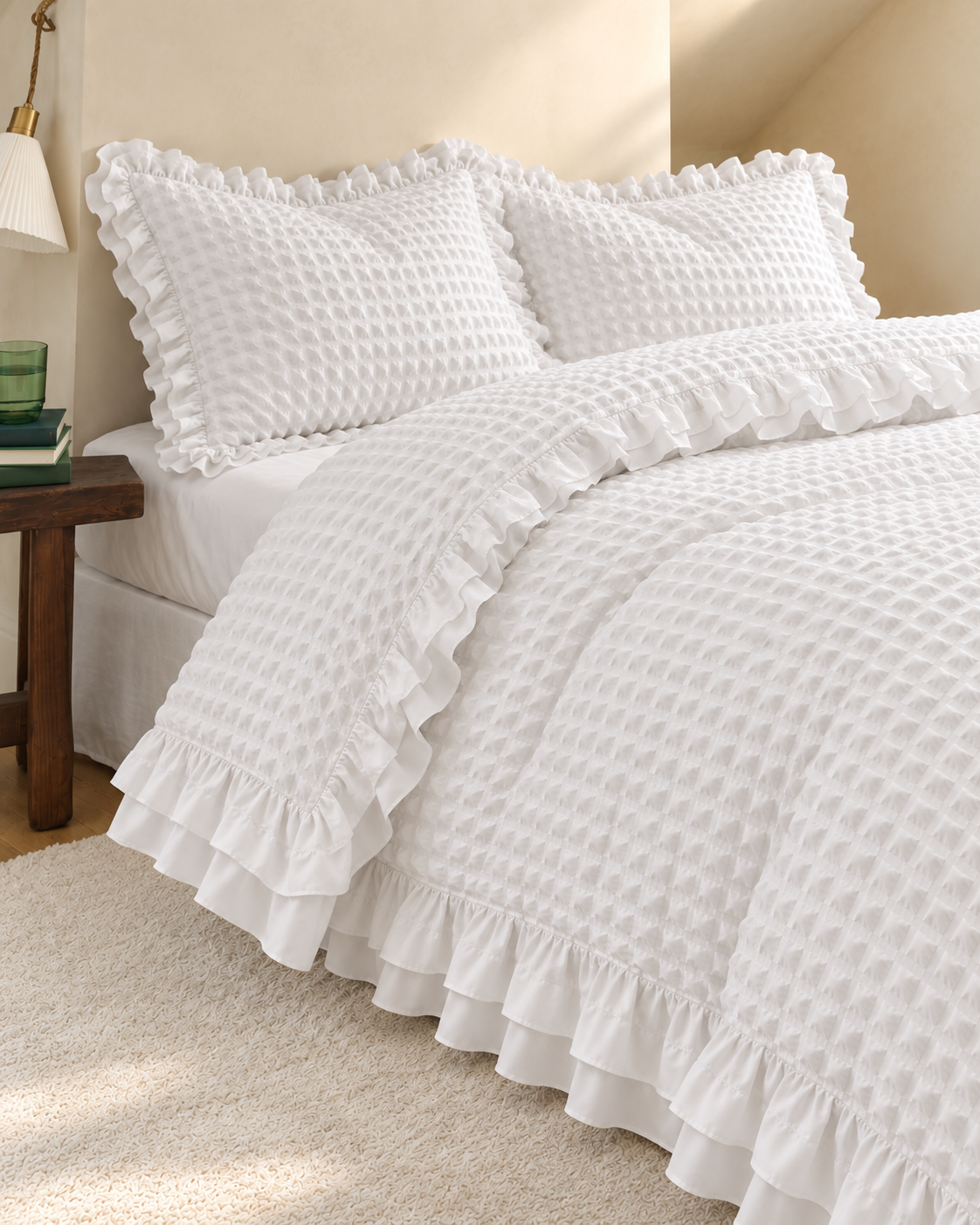 Ruffled Bubble Cotton Seersucker Duvet Cover Set in White, made bed seen from above